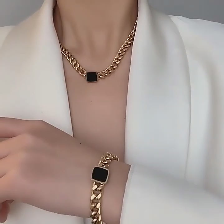 Black Stone Studded Heavy Cuben Gold Plated Chained Bracelet