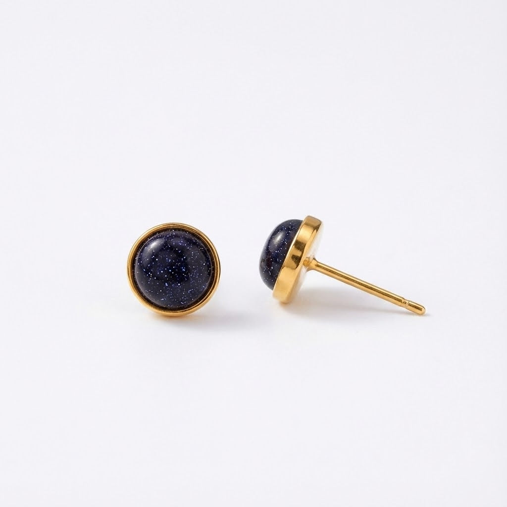 18K Gold Plated Black Cabochon Stud Earrings