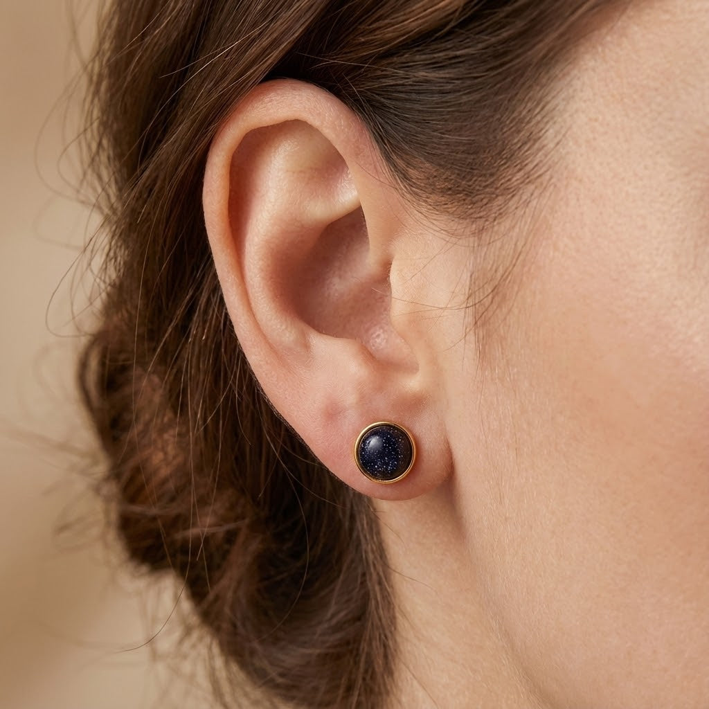 18K Gold Plated Black Cabochon Stud Earrings