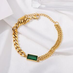 Green Crystal Heavy Chained Gold Plated Bracelet / Anklet