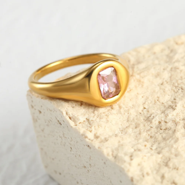 Minimalist Gold Plated Signet Ring with Pink Gemstone - size 7