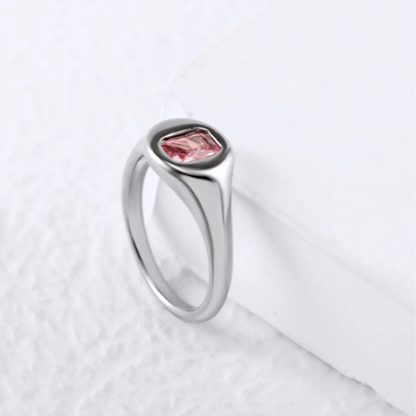 Silver Signet Ring - Pink Cubic Zircon - Size 7