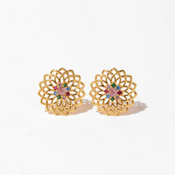 18K Gold-Plated Filigree Flower Stud Earrings - Image 3