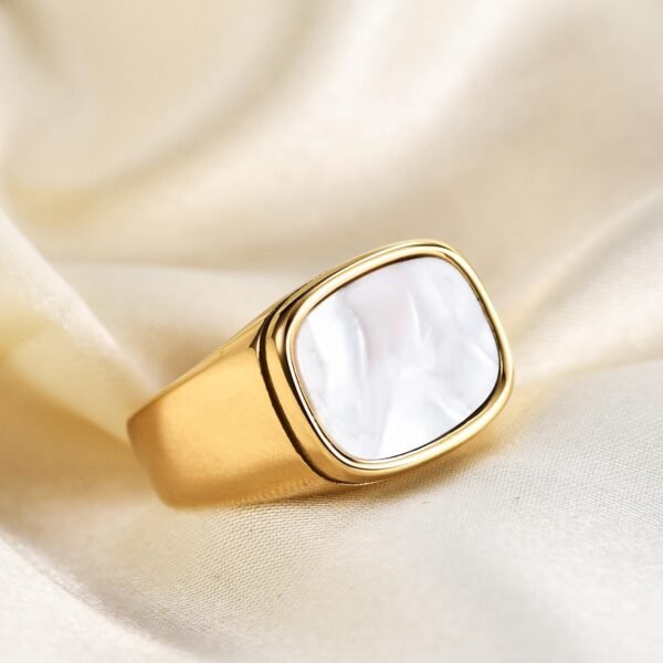 Classic Gold Plated Signet Ring with white Stone Inlay - Image 2